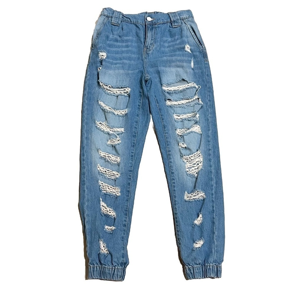 Indigo Rein Distressed High Rise Mom Jogger Jeans Stretch Light Wash Size 5 / 26